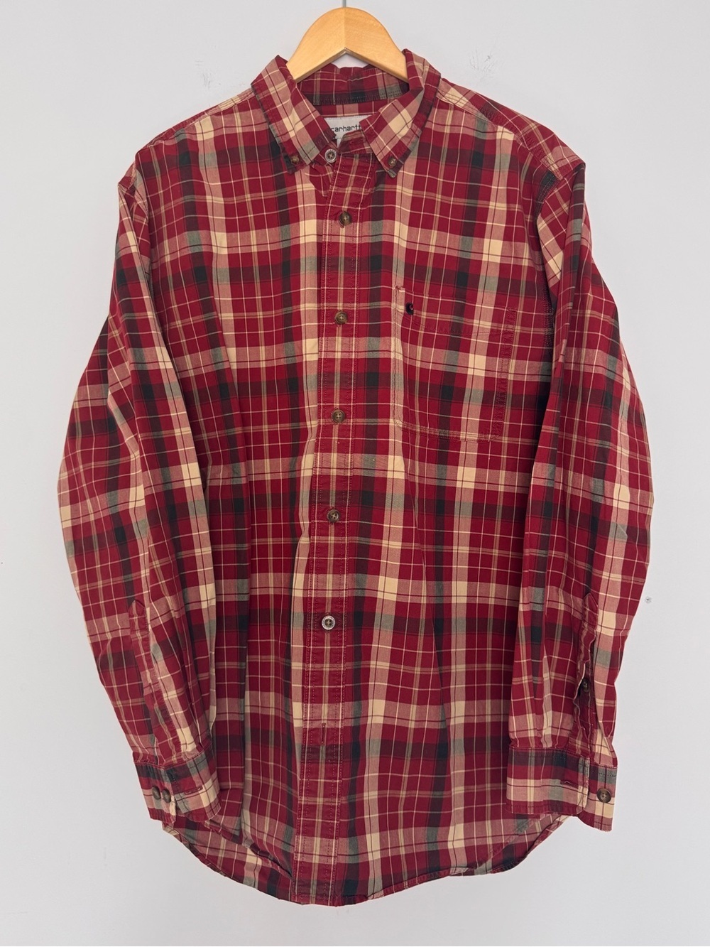 Carhartt Red Plaid Button Down Shirt 100% Cotton Long Sleeve Workwear Men's L